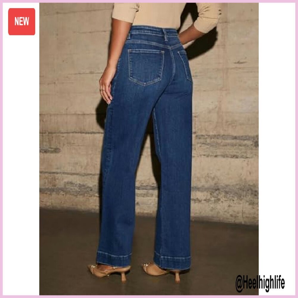 High Waisted Wide Leg Jeans Stretchy Denim Straight Leg Pants - Picture 4 of 6